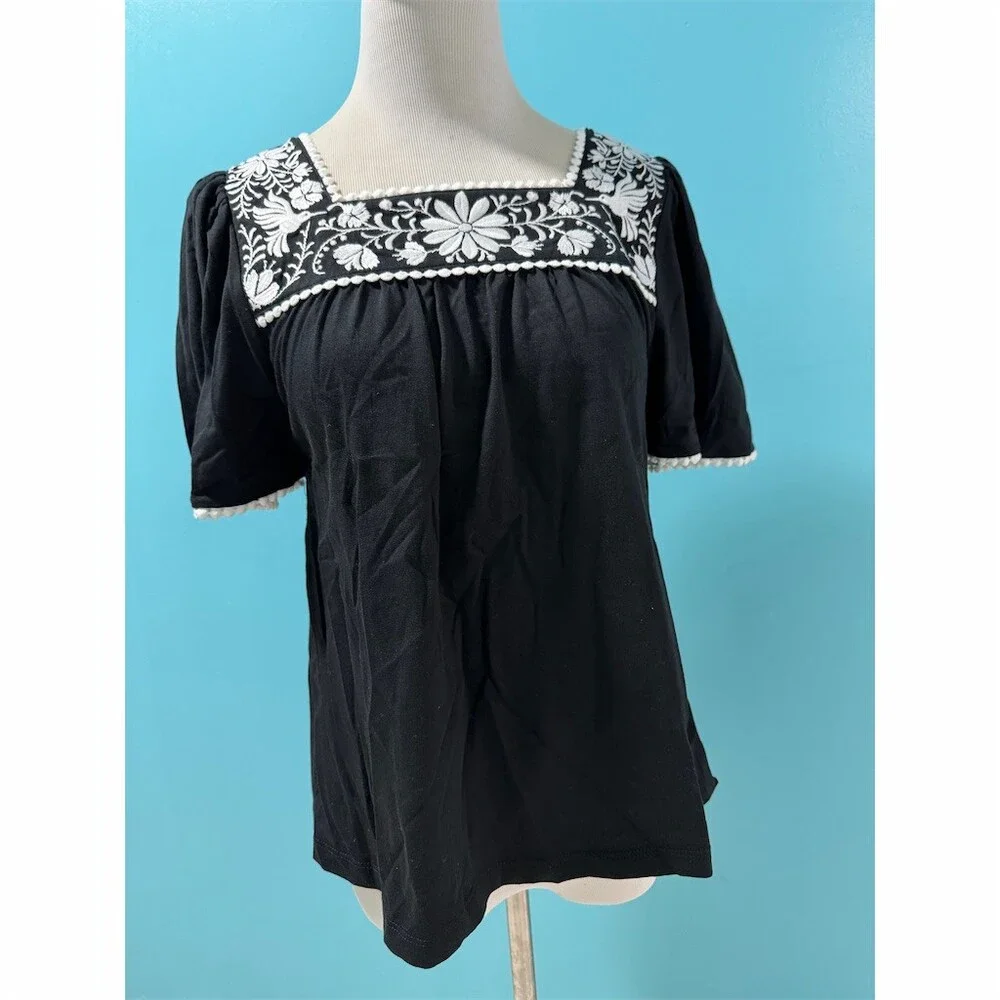 Kate Spade Blouse Womens XS Black Floral Embroidered Square Neck Puff